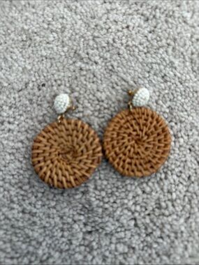 J. Crew Woven Rattan Circle Drop Earrings with White Beaded Posts